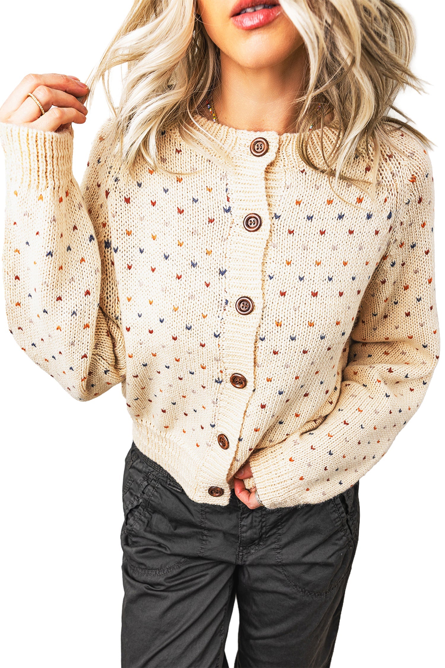 Beige Geometric Print Button Front Long Sleeve Regular Fit Cardigan