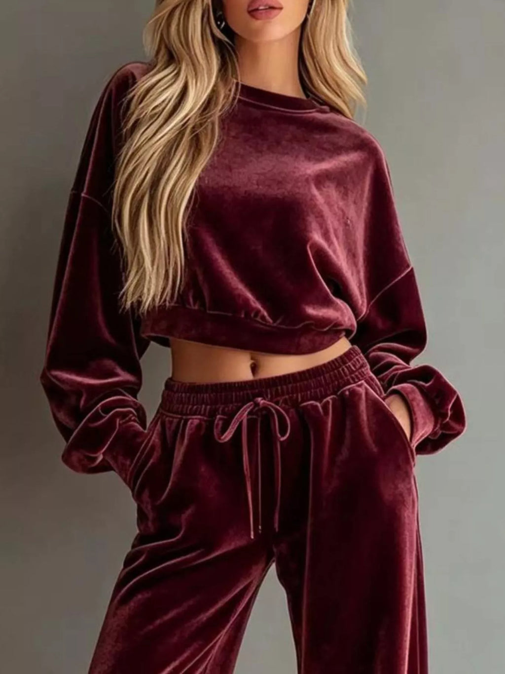 Full Size Cropped Sweatshirt and Wide-Leg Pants Set Plus Size