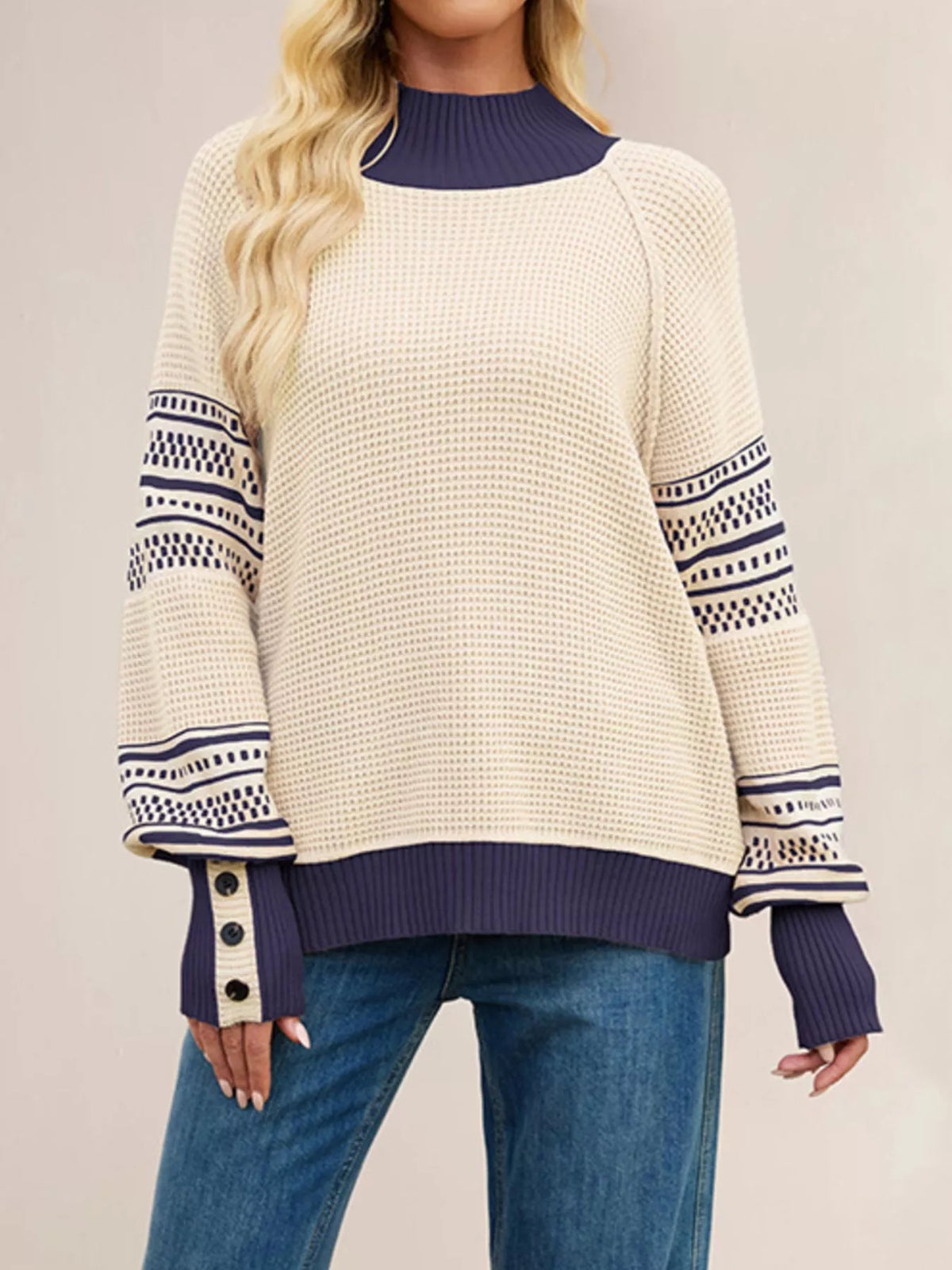 Color-Block Mock Neck Waffle Knit Sweater