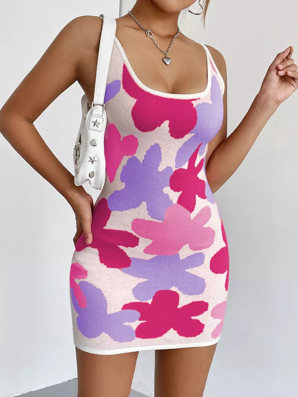 Floral Knit Scoop Neck Mini Dress