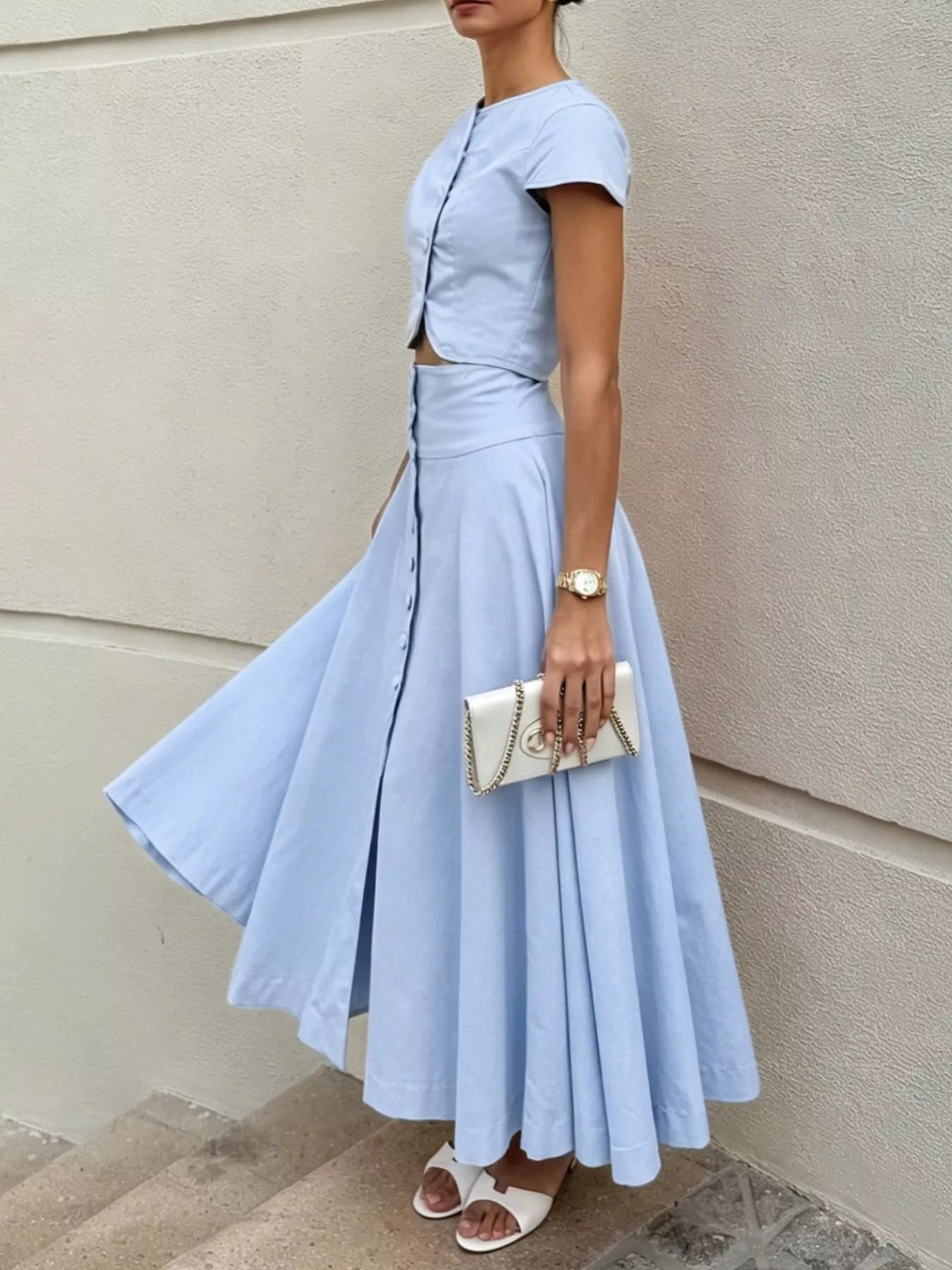 Cap Sleeve Button-Down Crop Top and Midi Skirt Set