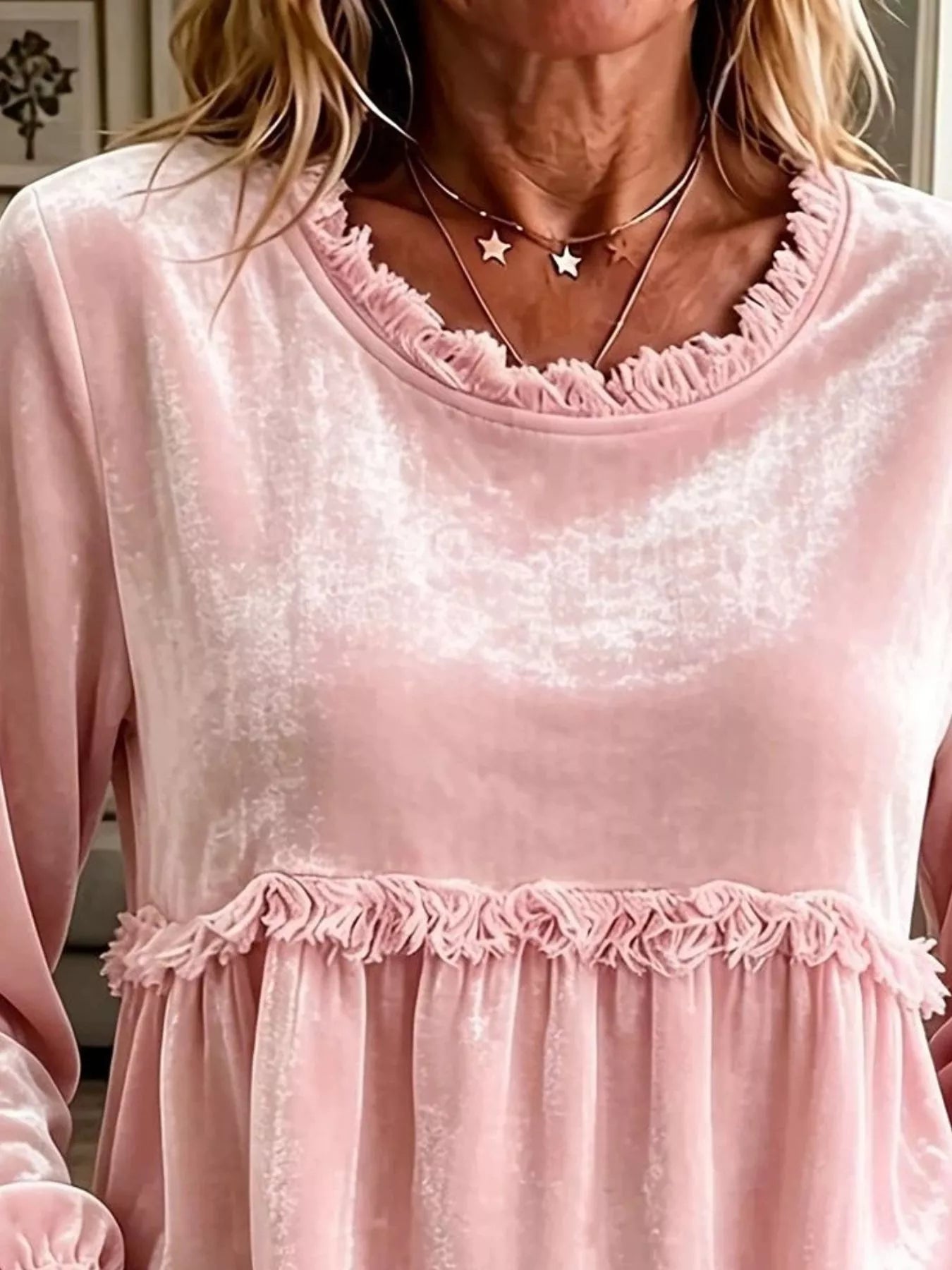 Velvet Fringe Long Sleeve Blouse