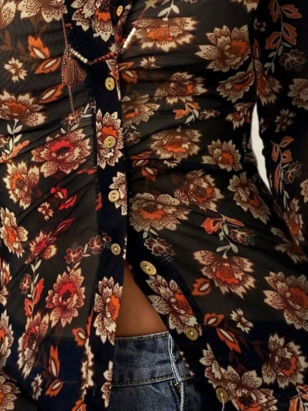 Printed Flare Sleeve Button Down Top