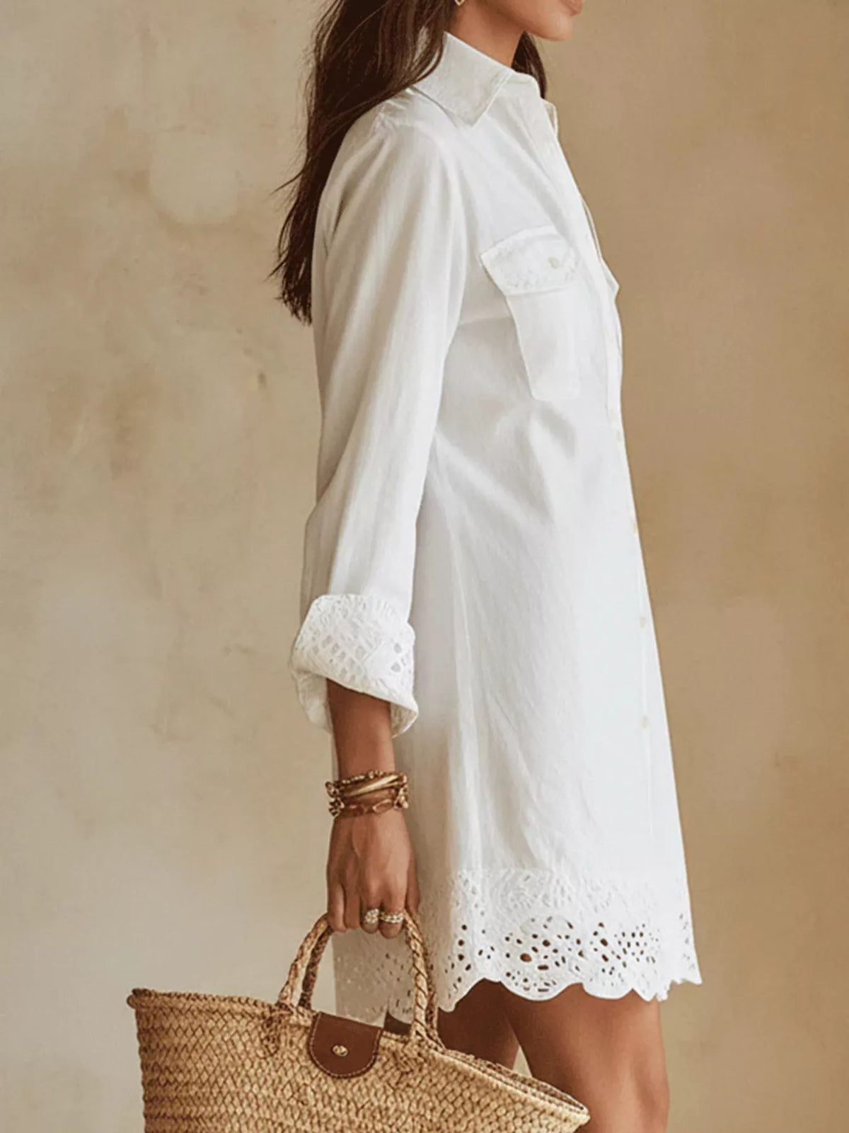 Button-Down Shirt Dress with Lace Trim