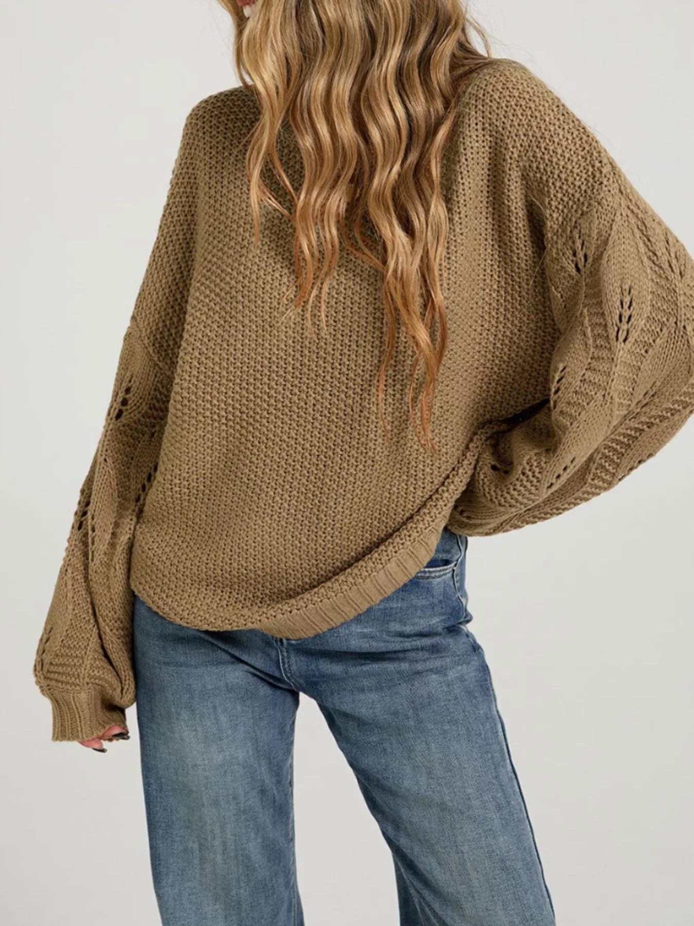 Textured Knit Openwork Dropped Shoulder Sweater