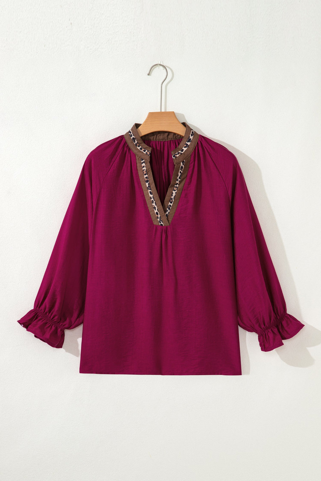 Leopard Trim Flounced  3/4 Sleeve V-Neck Blouse