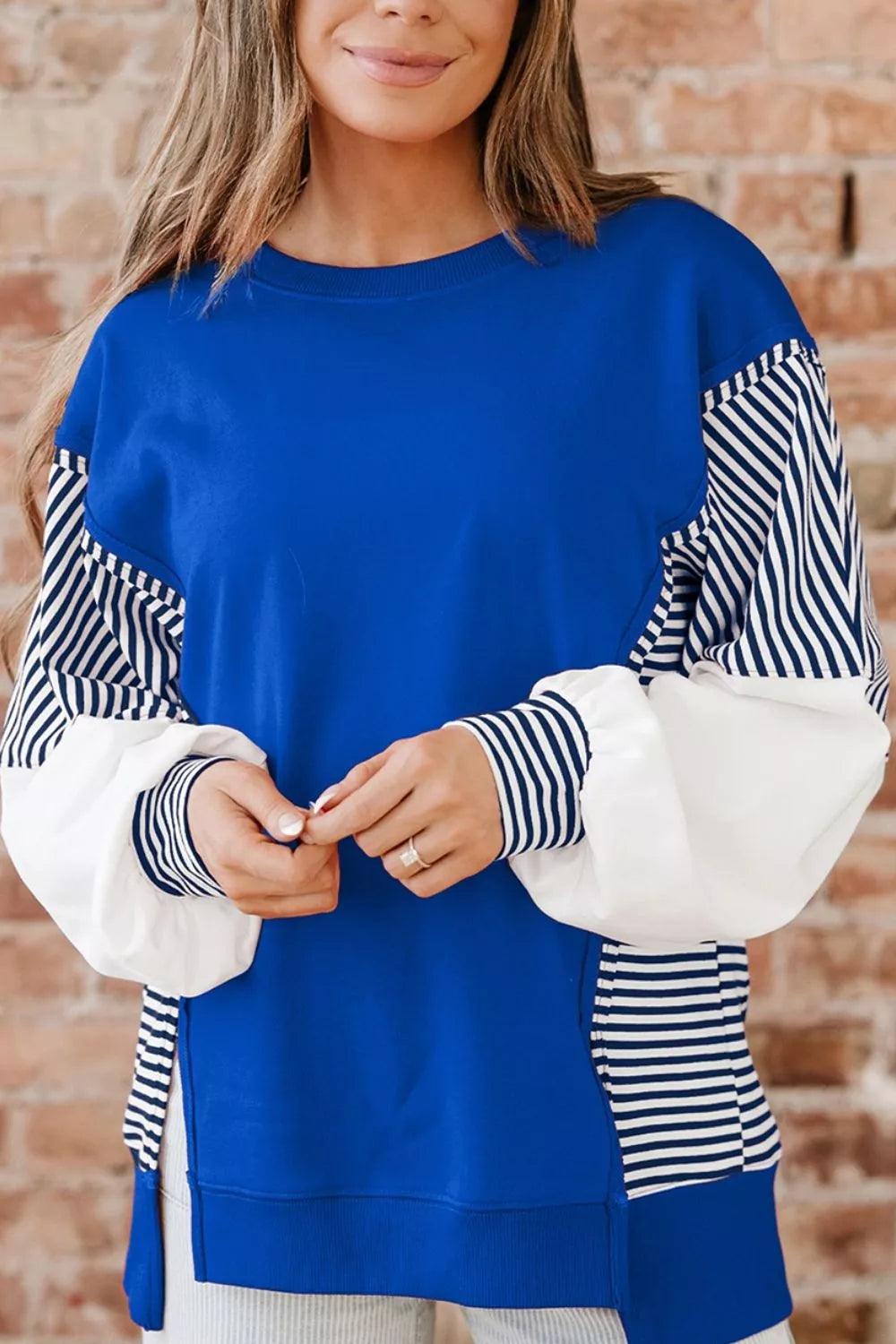 Leopard and Striped Patchwork Sleeves Sweatshirt