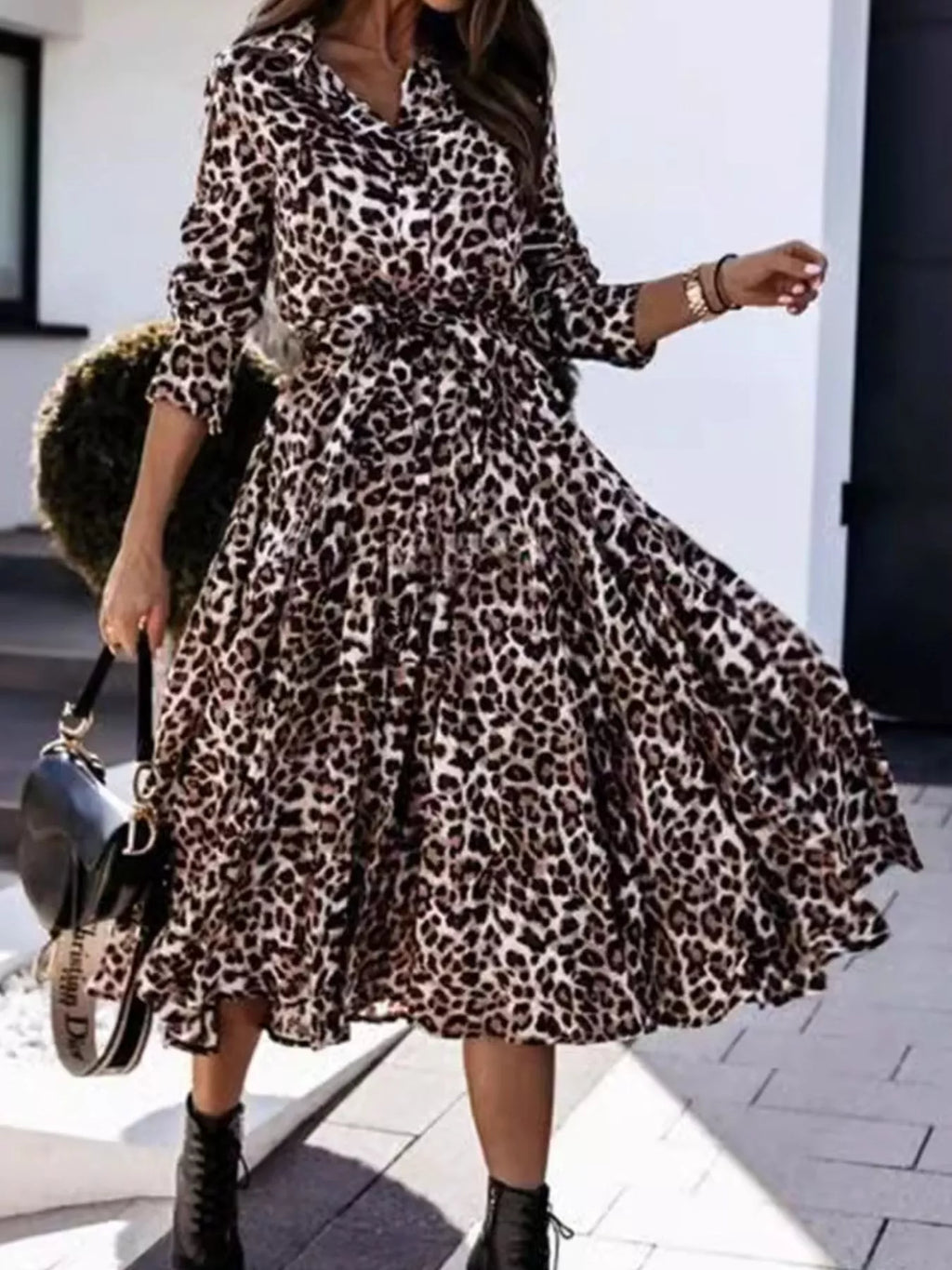 Leopard Print Button-Down Midi Dress with Belt