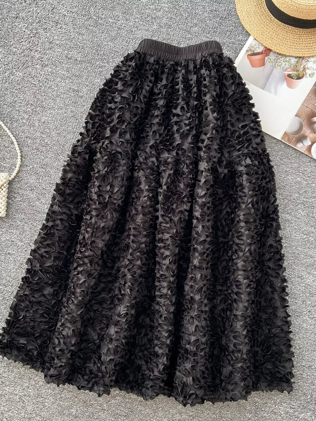 Elegant 3D Lace Trim High‑Waist A‑Line Midi Skirt