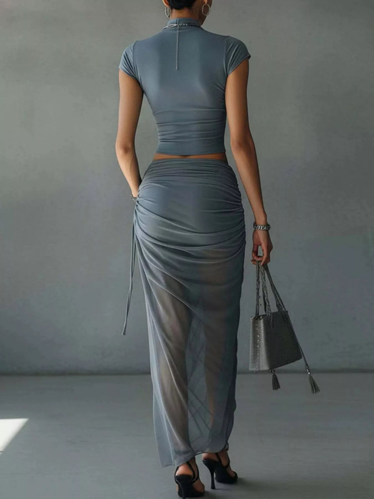 Mock Neck Crop Top and Ruched Maxi Skirt Set