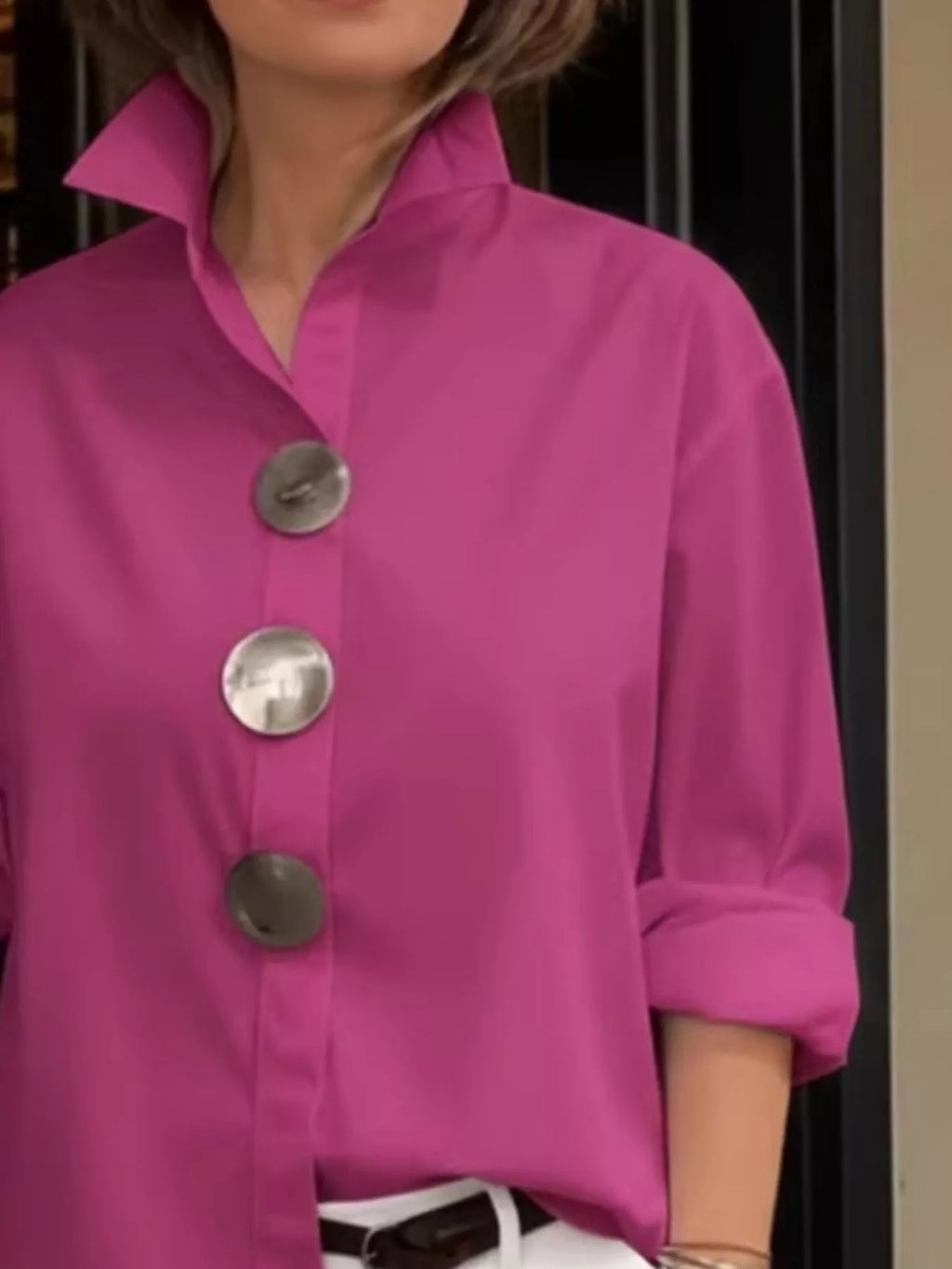 Full Size Oversized Metal Button Long Sleeve Shirt Plus Size