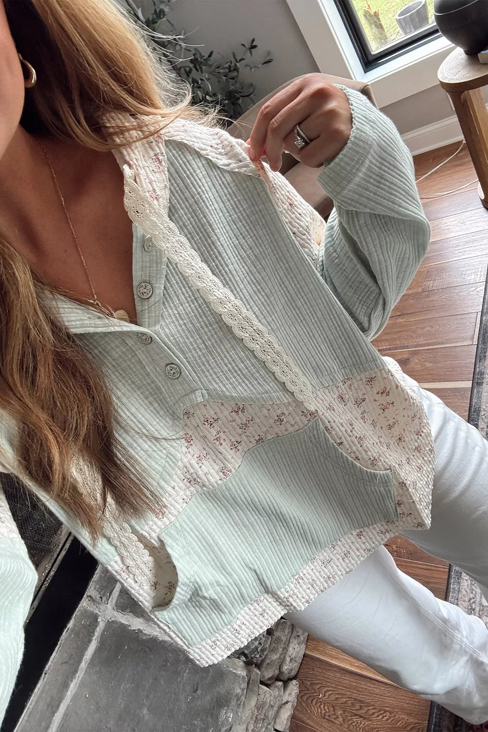 Lace Trim Floral Patchwork Button Detail Blouse
