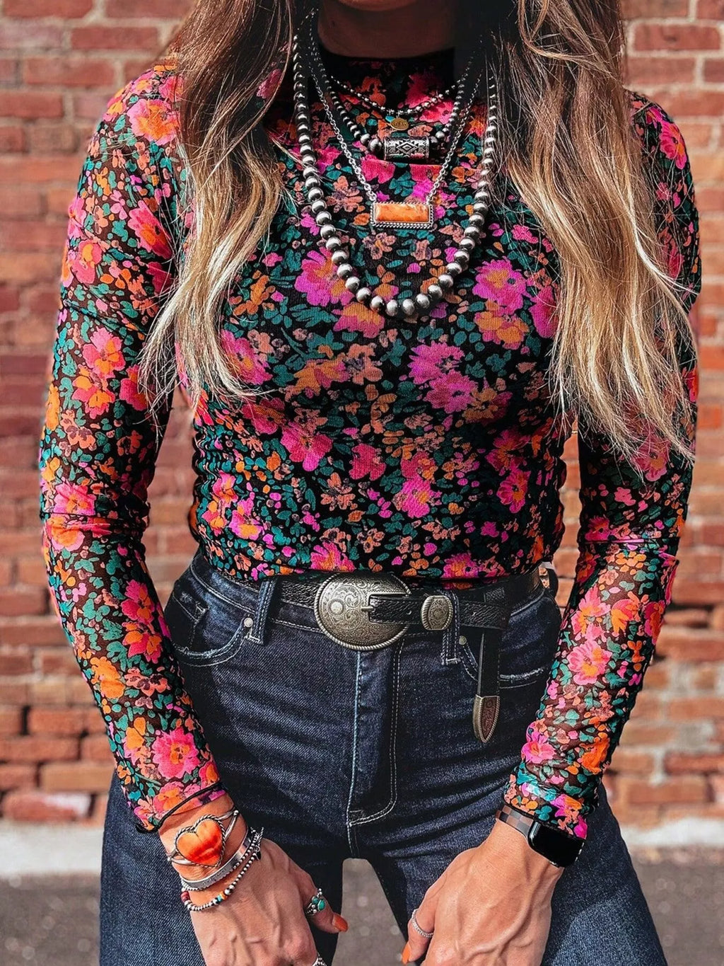 Printed Mesh Long Sleeve Slim Fit Top