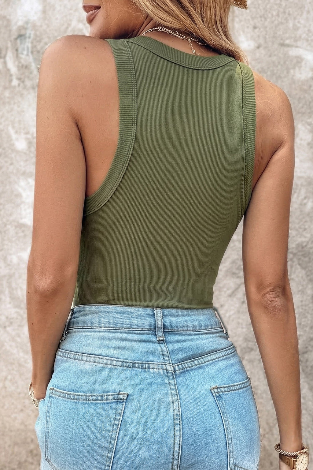 Dark Khaki Slim Ribbed Padded Tank Top