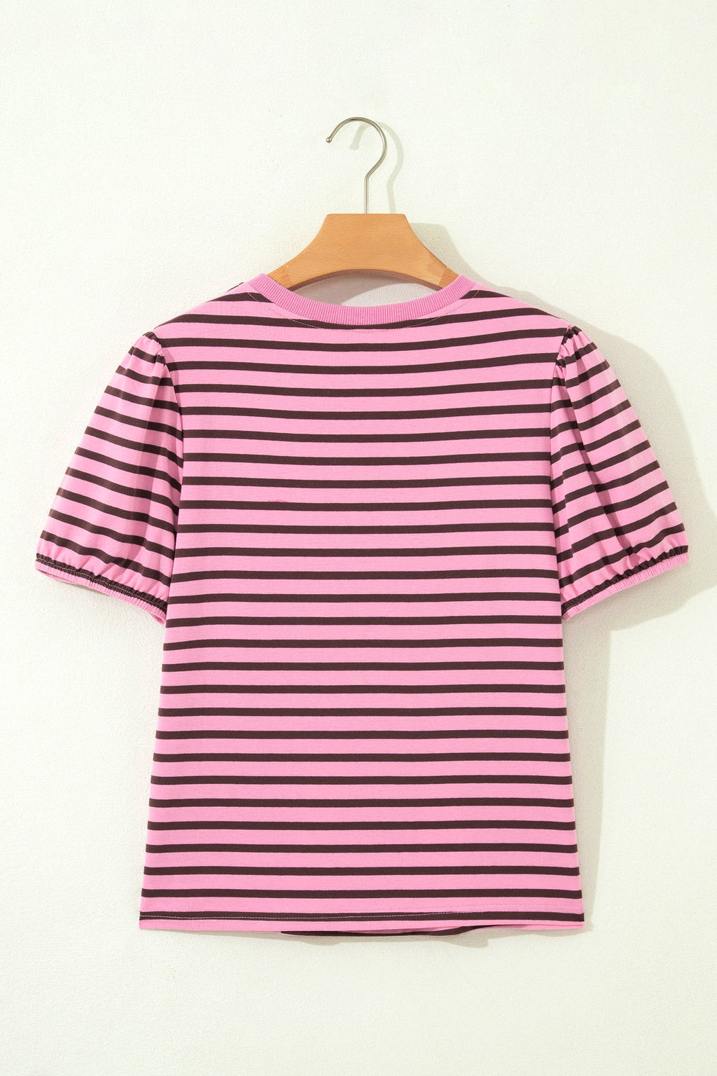 Rose Stripe Striped V-Neck Ribbed Collar Cuff Gathering Puff Sleeve Top