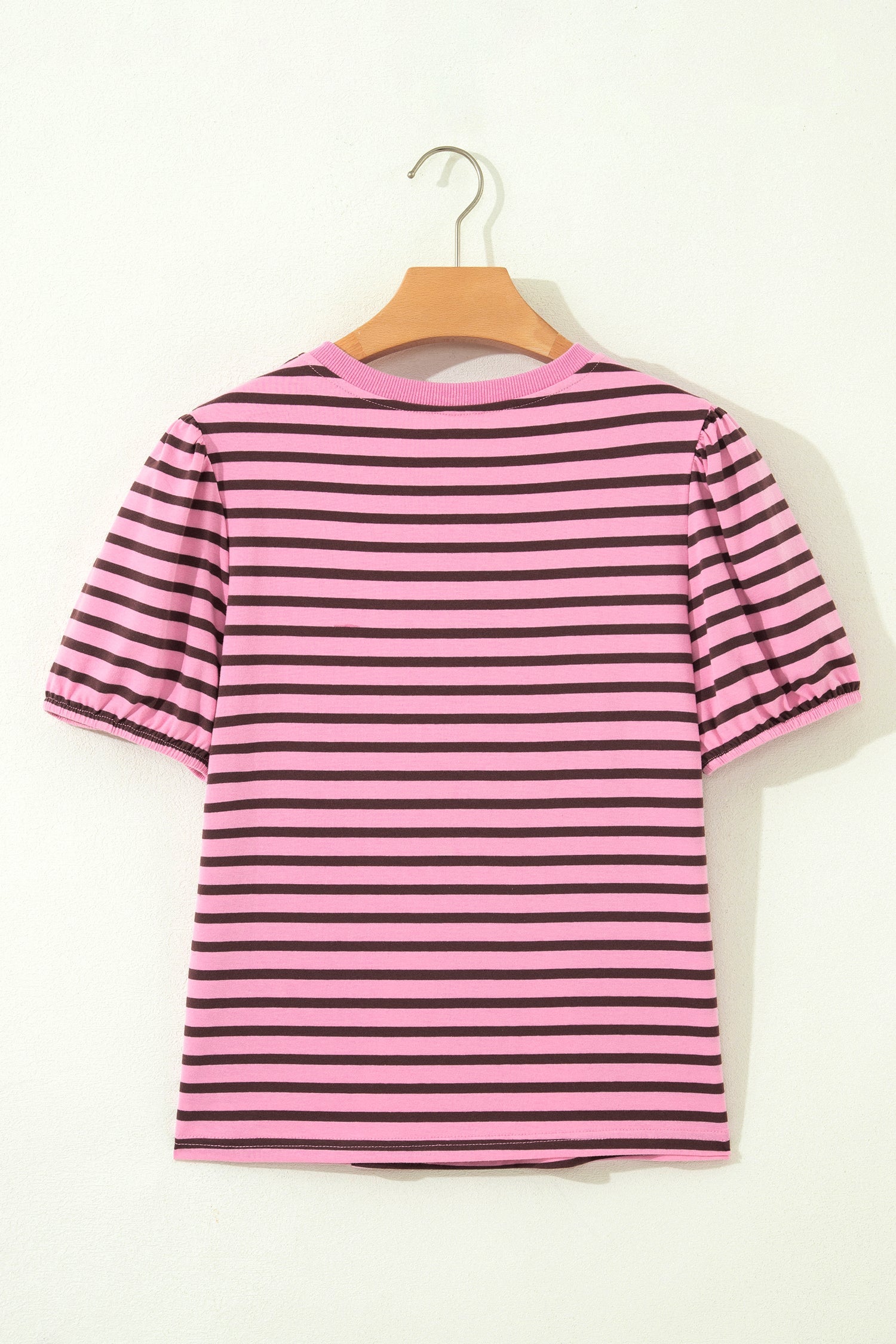 Rose Stripe Striped V-Neck Ribbed Collar Cuff Gathering Puff Sleeve Top