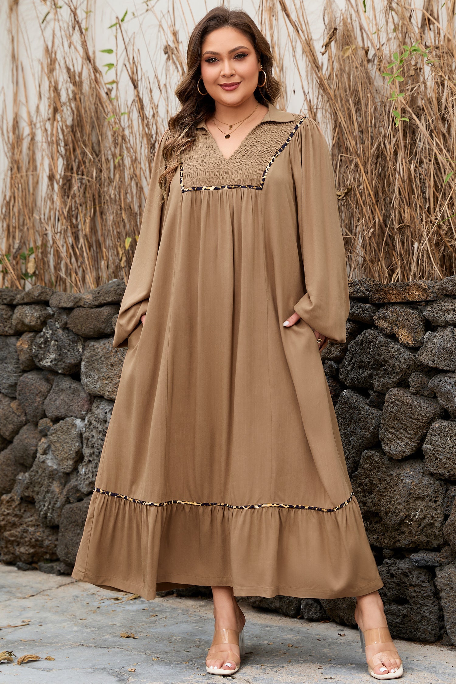 Chestnut Smocked V Neckline Leopard Piping Accent Bracelet Plus Size Long Dress