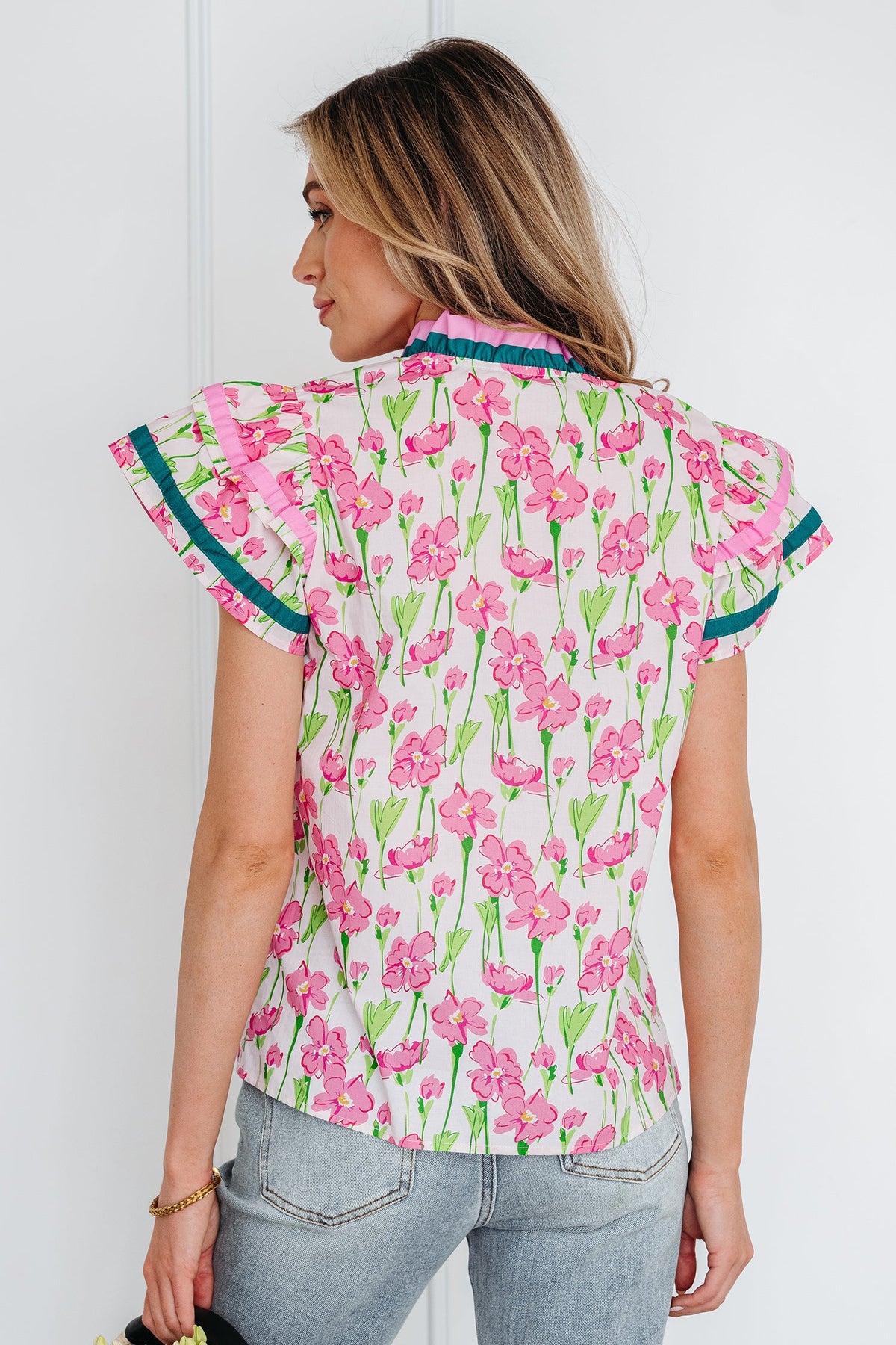 Floral Contrast Trim V-Neck Ruffle Short Sleeve Blouse