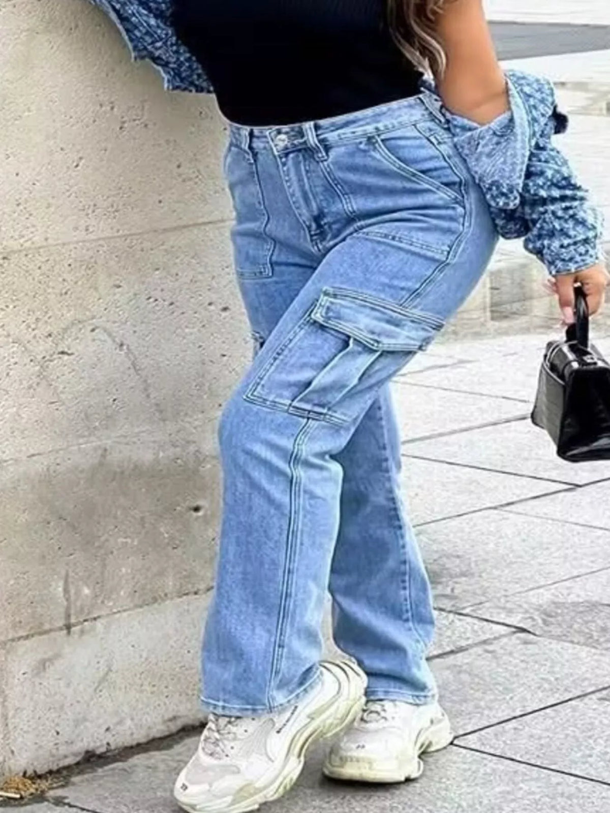 Full Size Light Wash Cargo Jeans with Multiple Pockets Plus Size