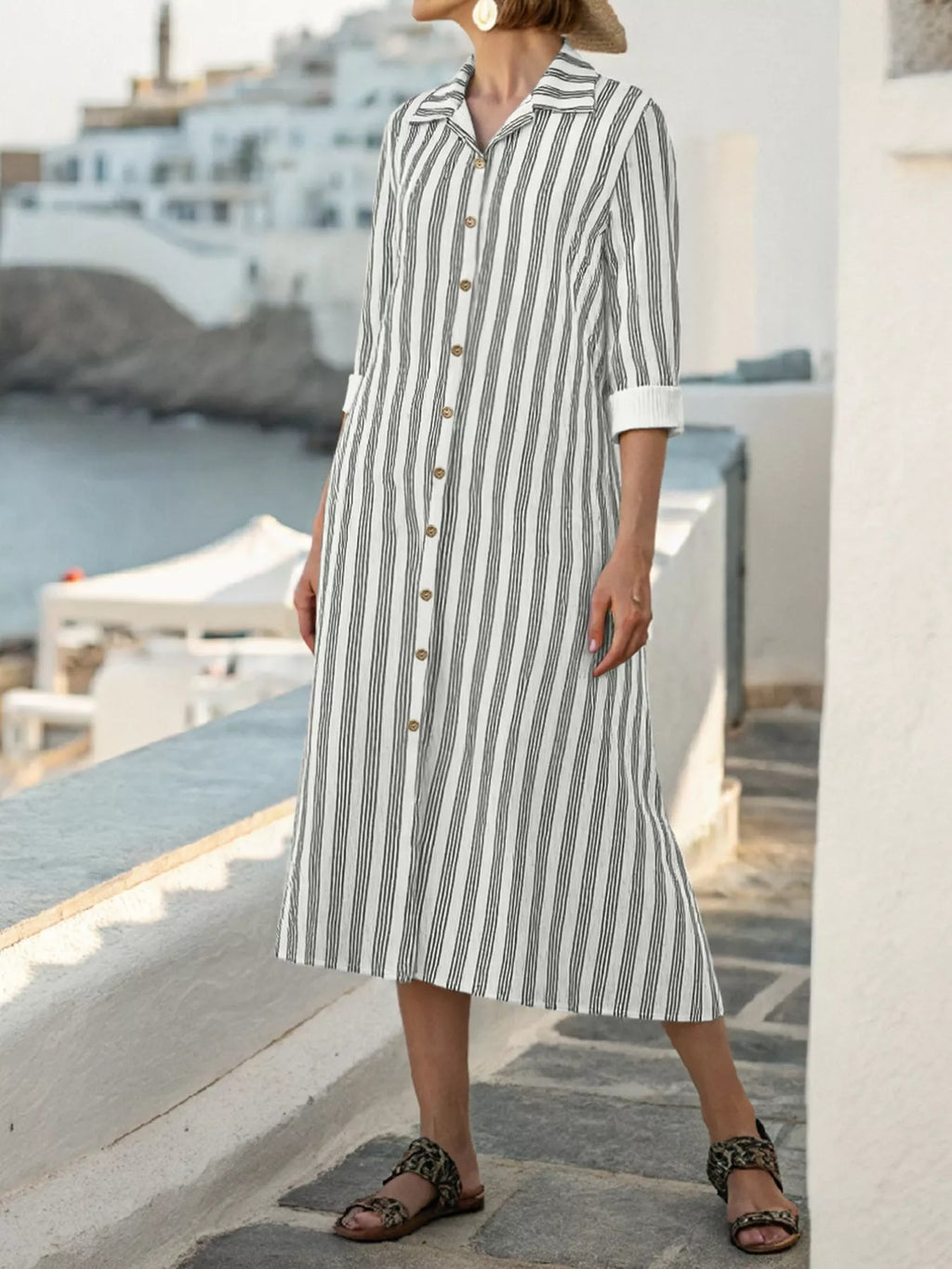 Striped Button Front Midi Dress
