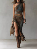 One-Shoulder Ruffled Hem Maxi Dress
