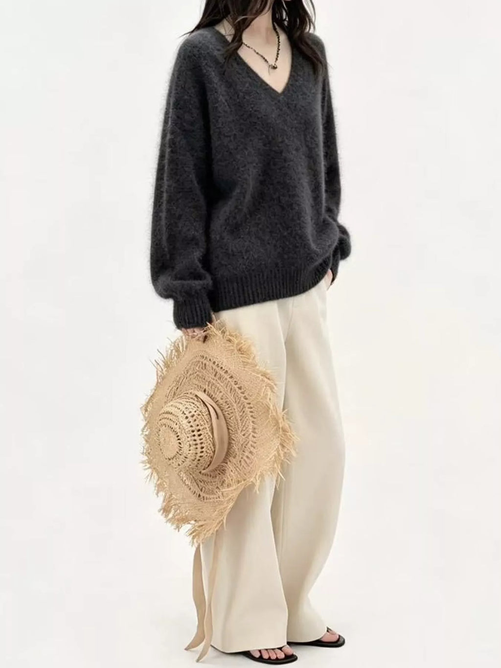 V-Neck Dropped Shoulder Sweater