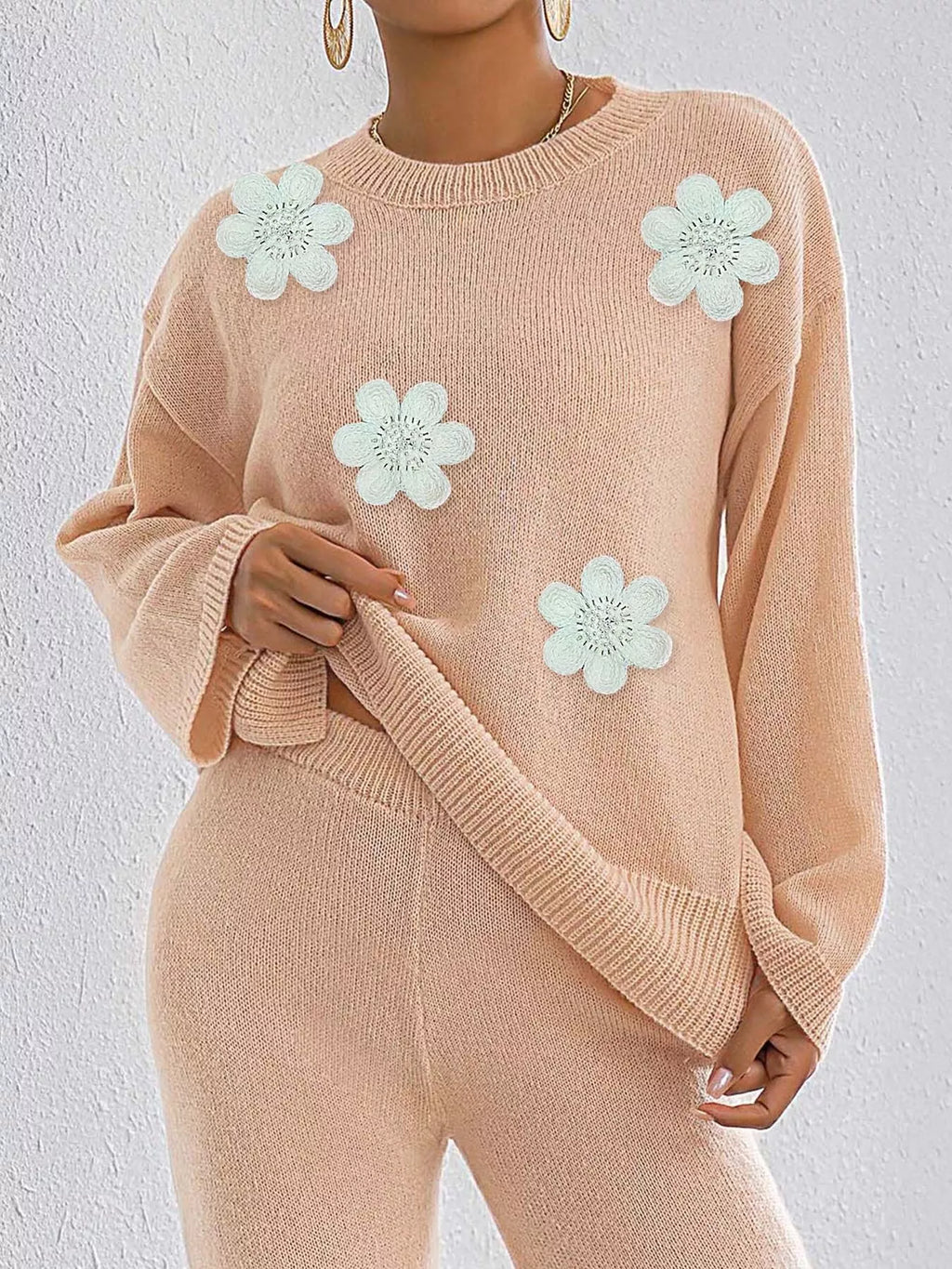 Floral Applique Crew Neck Sweater