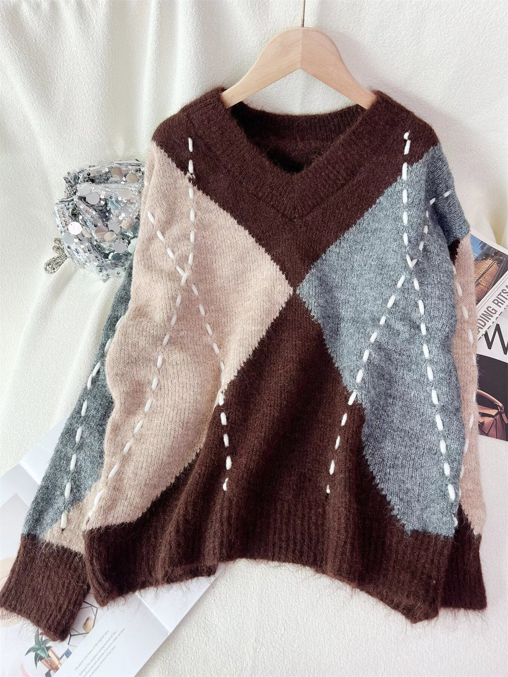 Argyle Pattern V-Neck Oversized Sweater