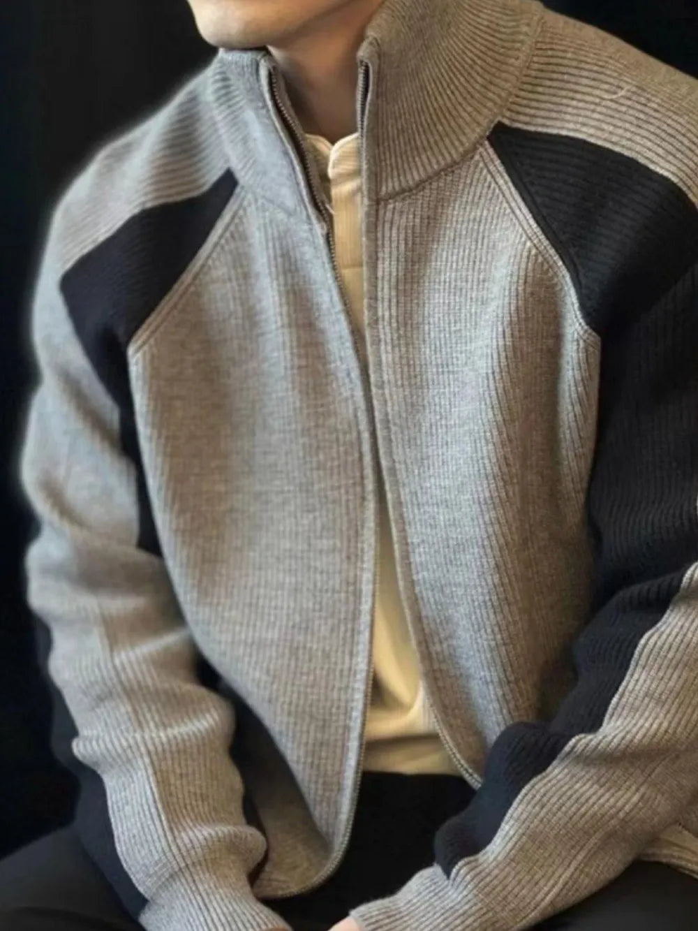 Men's Plus Size  Color Block Ribbed Knit Zip-Up Cardigan