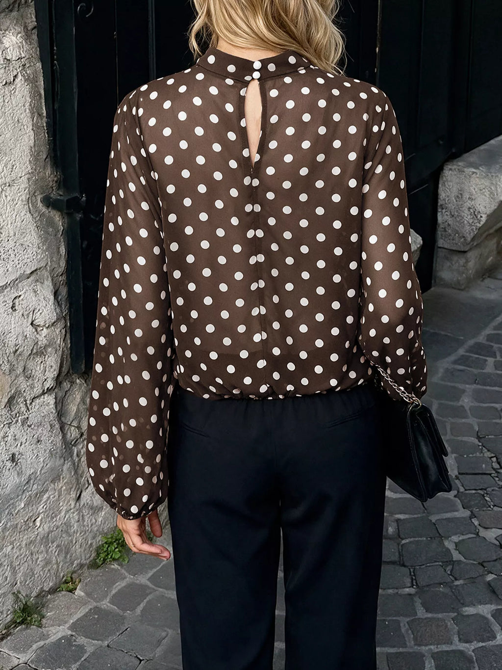 Polka Dot Mock Neck Long Sleeve Blouse