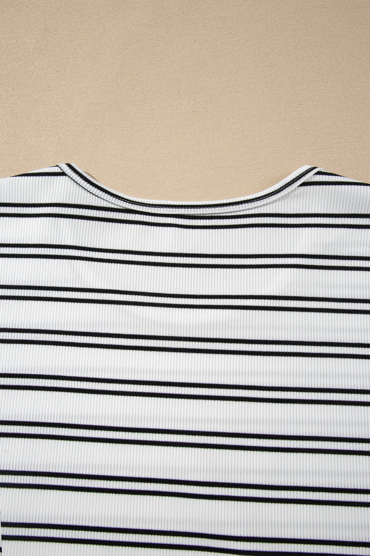 Beige Stripe Ribbed Knit Round Neck Long Sleeve Top