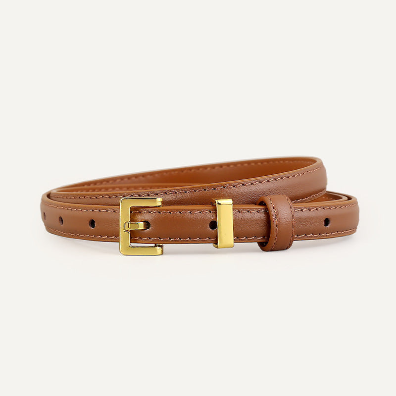 Skinny Leather Belt with Golden Buckle