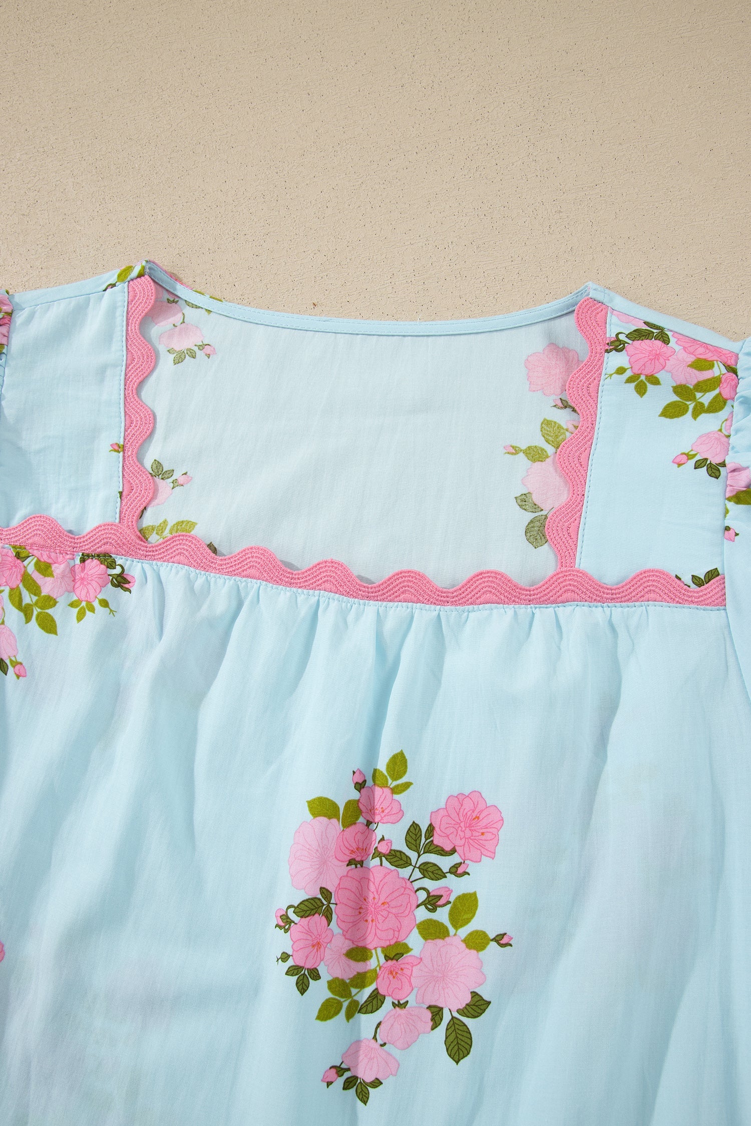 Sky Blue Floral Printed Contrast Ricrac Detail Bubble Sleeve Blouse