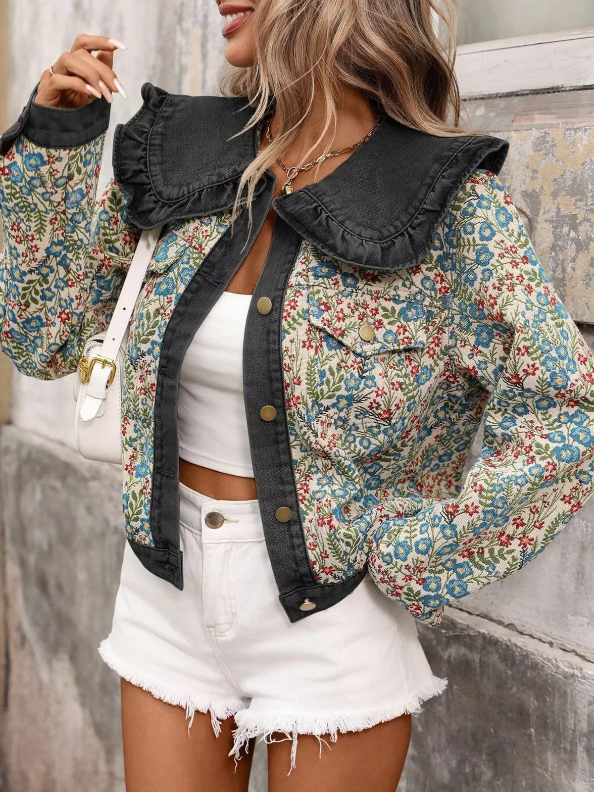 Floral Ruffle Collar Denim Jacket