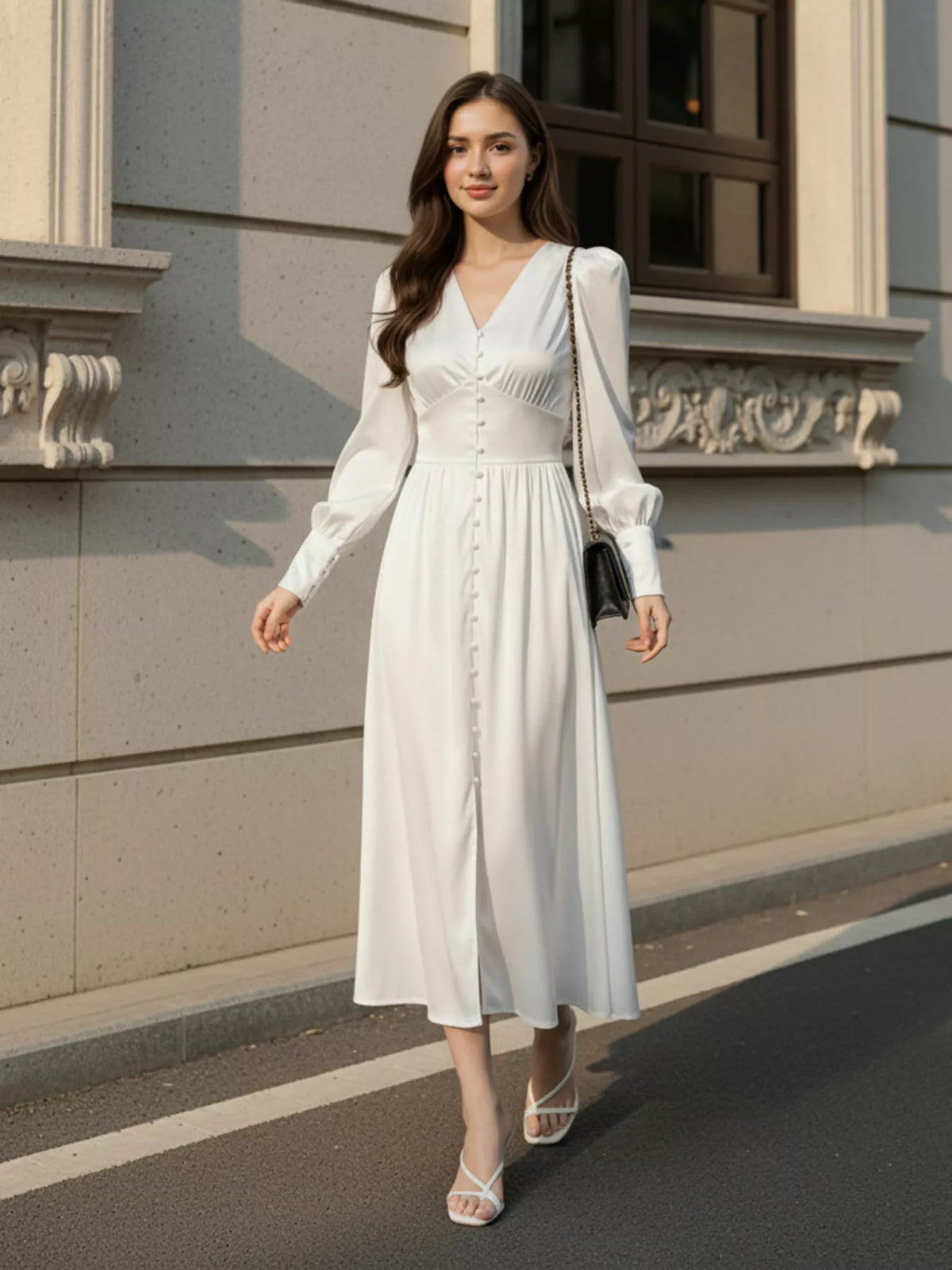 V-Neck Lantern Sleeve Midi Dress