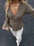 Elegant V-Neck Wrap Asymmetrical Blouse with Flared Sleeves