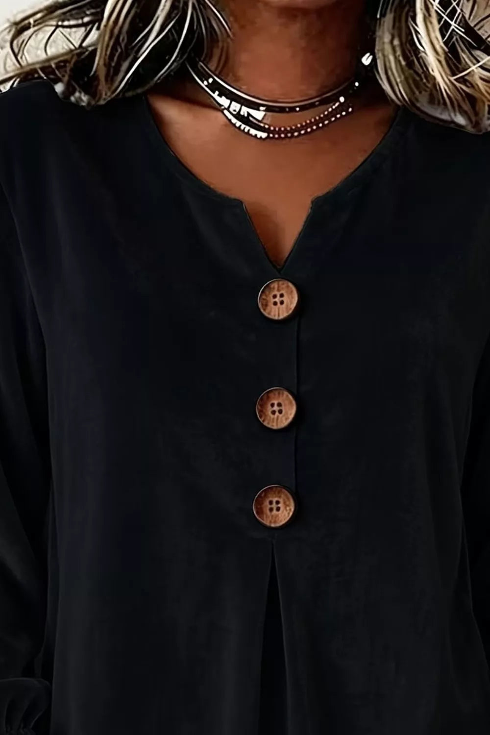 Full Size Velvet Button Decor Blouse with Ruffled Cuffs Plus Size