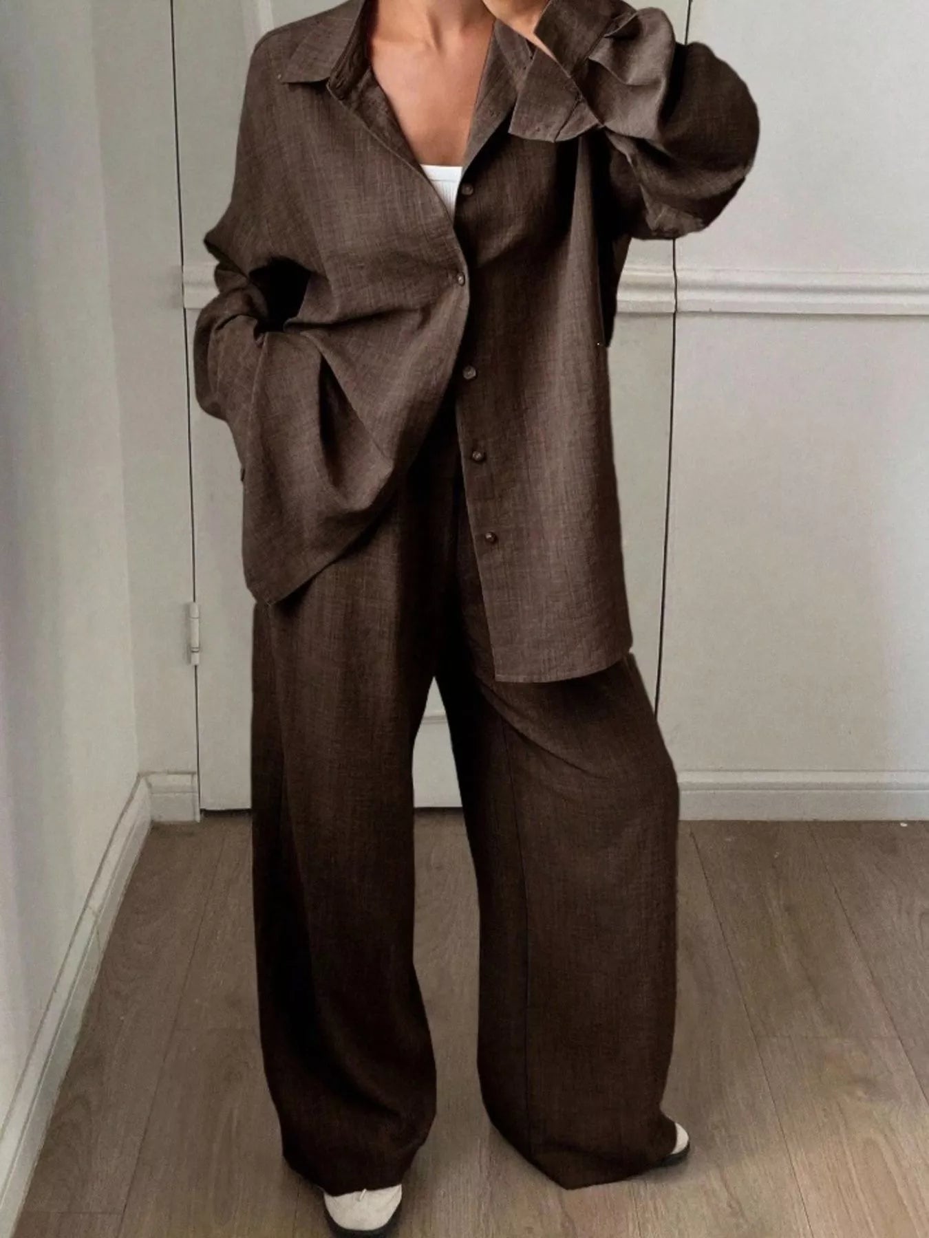 Button Up Long Sleeve Shirt and Wide Leg Pants Set