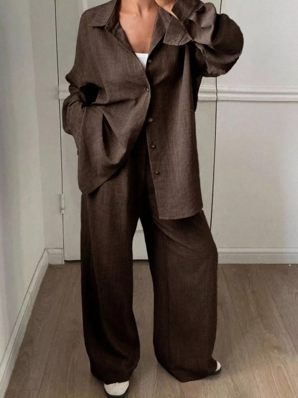 Button Up Long Sleeve Shirt and Wide Leg Pants Set
