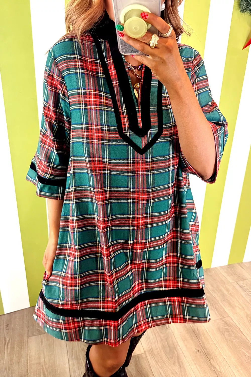 Plaid Velvet Trim Pockets Short Shift Dress