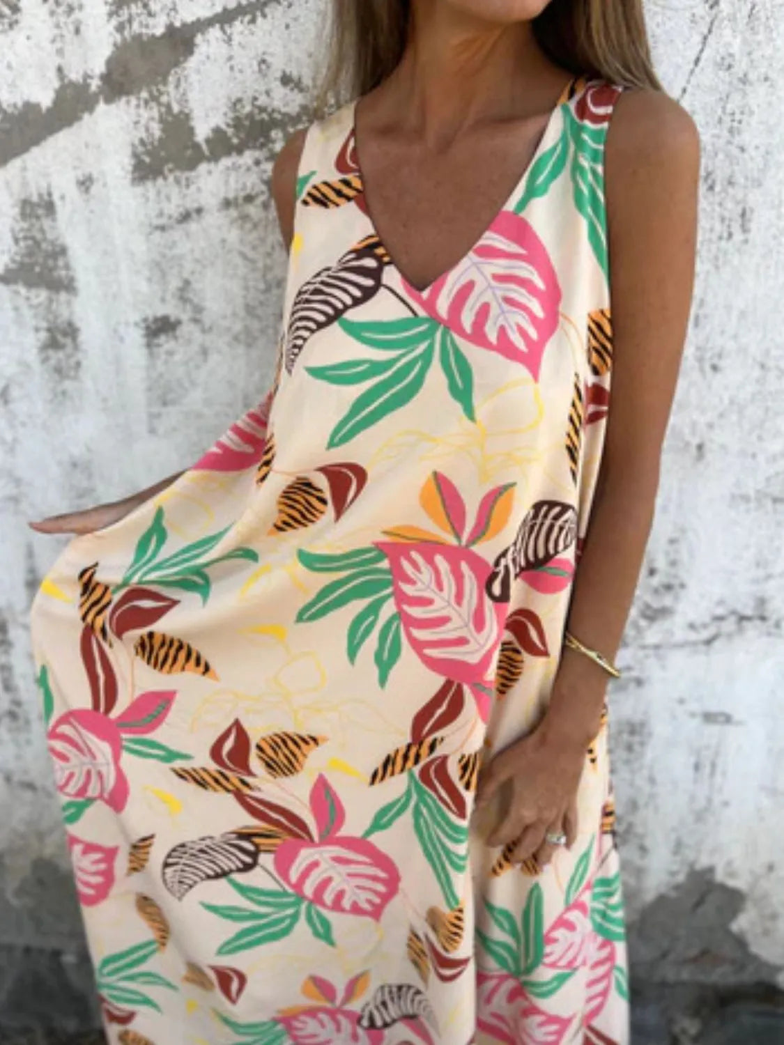 Full Size Printed V-Neck Sleeveless Dress Plus Size