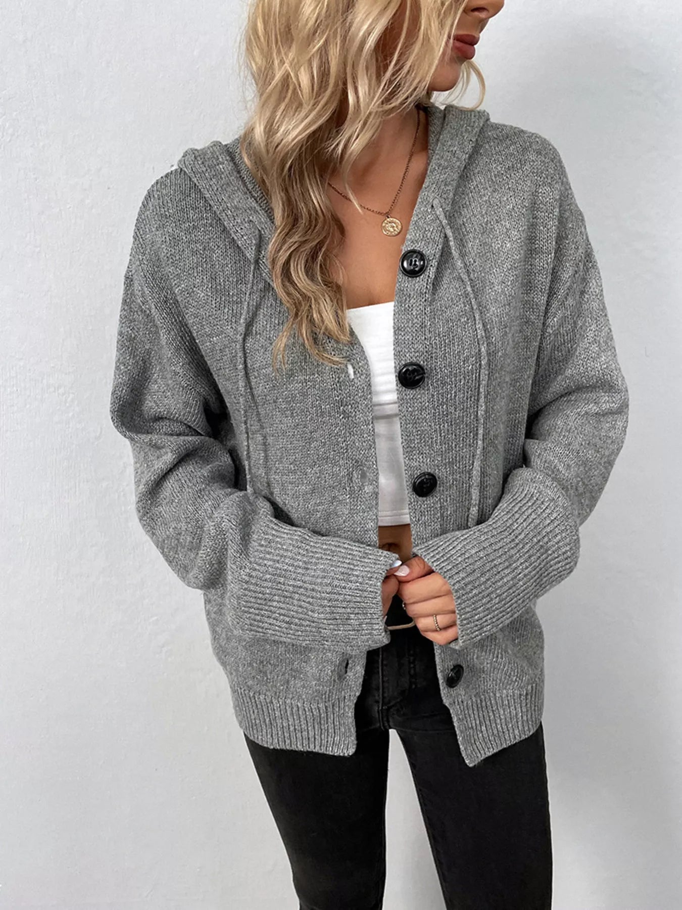 Cozy Knit Hooded Button-Down Cardigan
