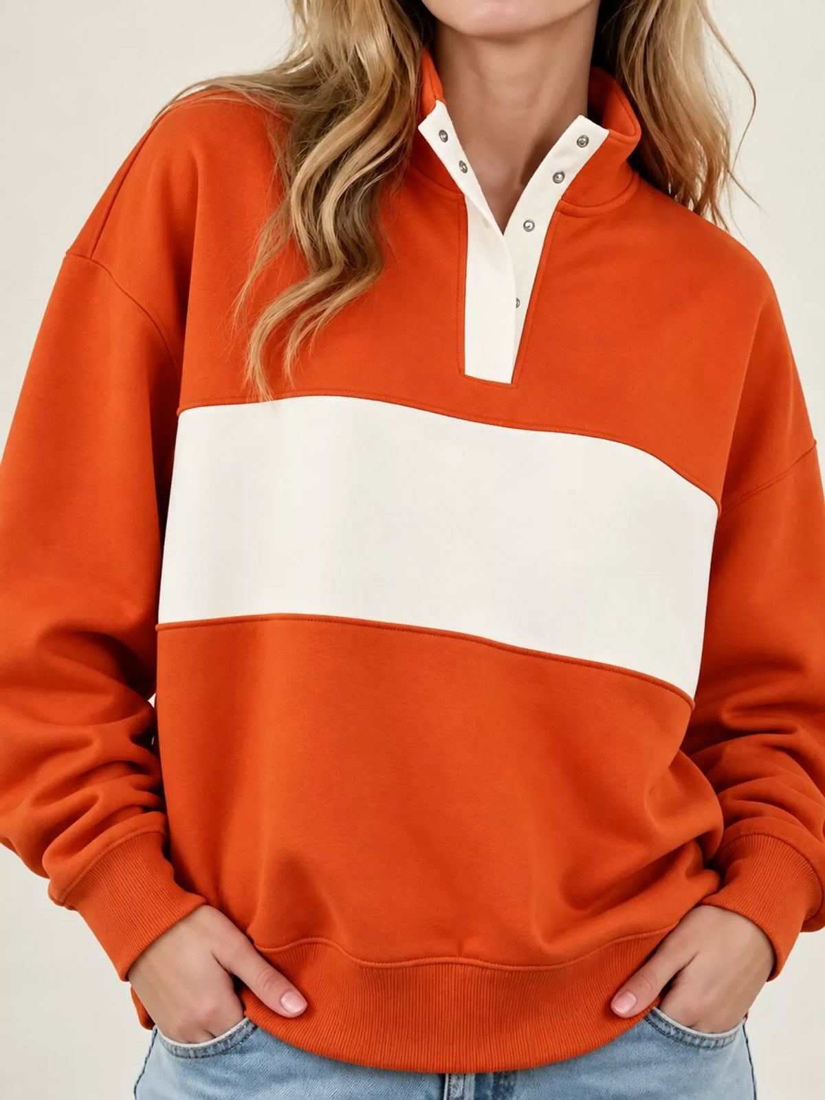 Full Size Color Block Snap-Button Sweatshirt Plus Size