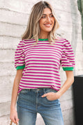 Rose Stripe Short Puff Sleeve Contrast Trim Round Neck Tee