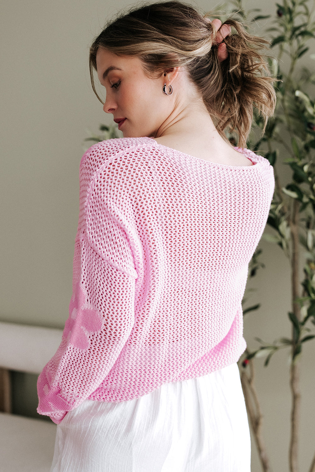 Floral Hollowed Knit Drop Shoulder Pullover Sweater