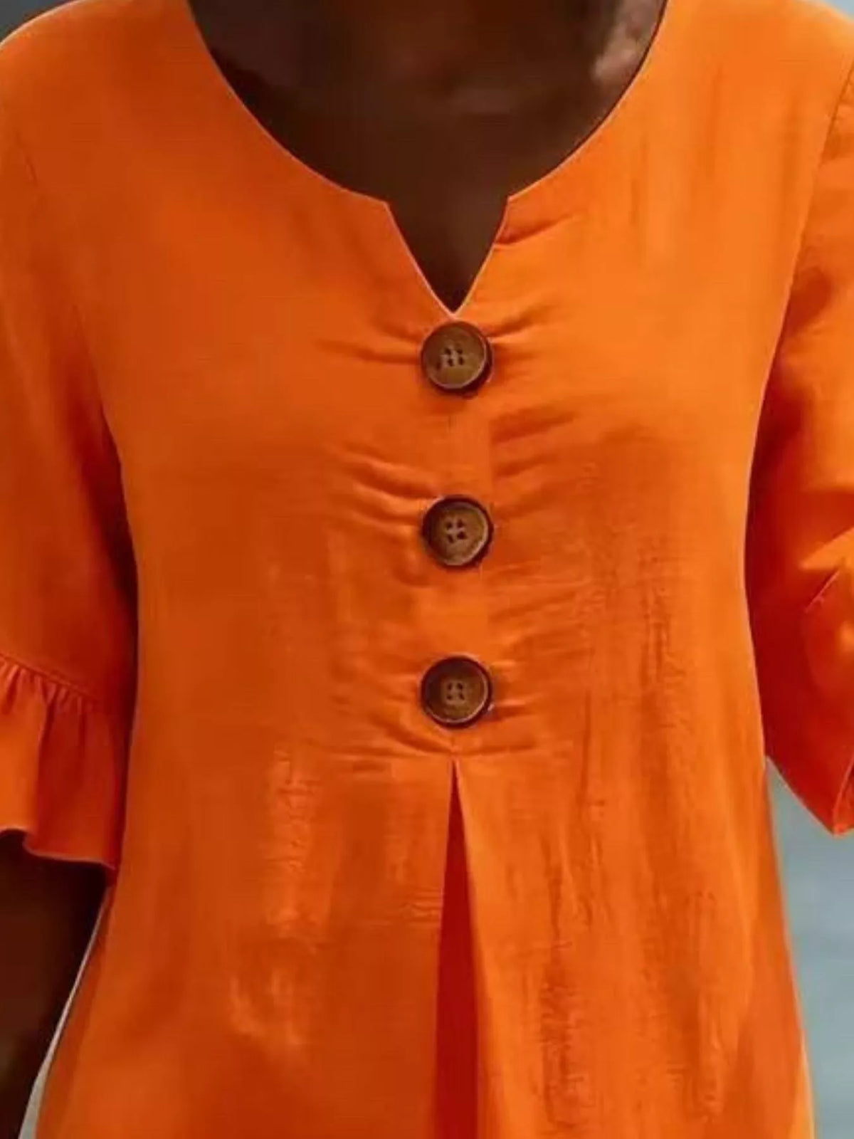 Full Size Decorative Button Ruffle Half Sleeve Dress Plus Size
