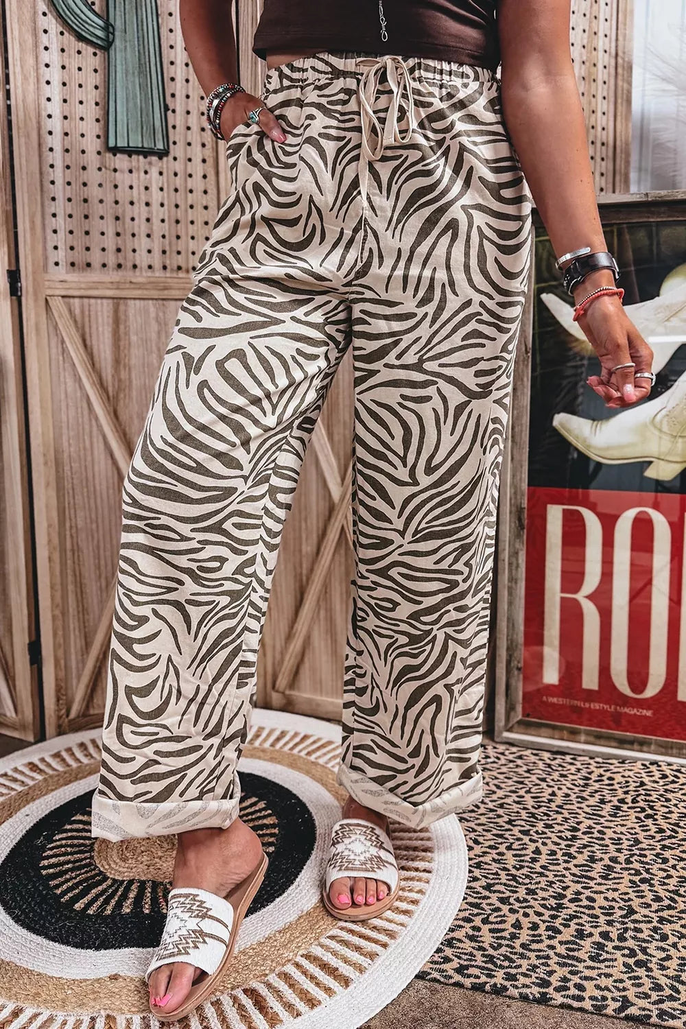 Multicolour Western Print Zebra Pattern Elastic Waist Pocket Pants