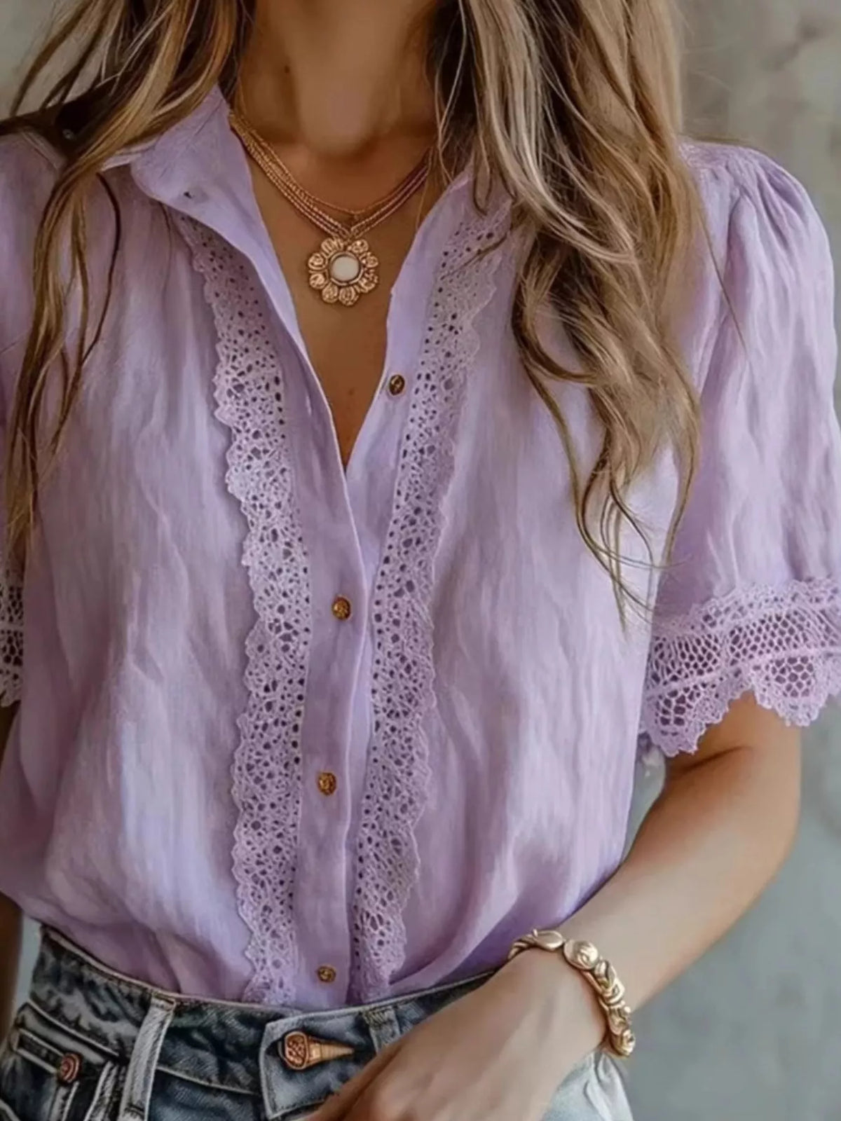 Lace-Trimmed Short Sleeve Button-Down Shirt
