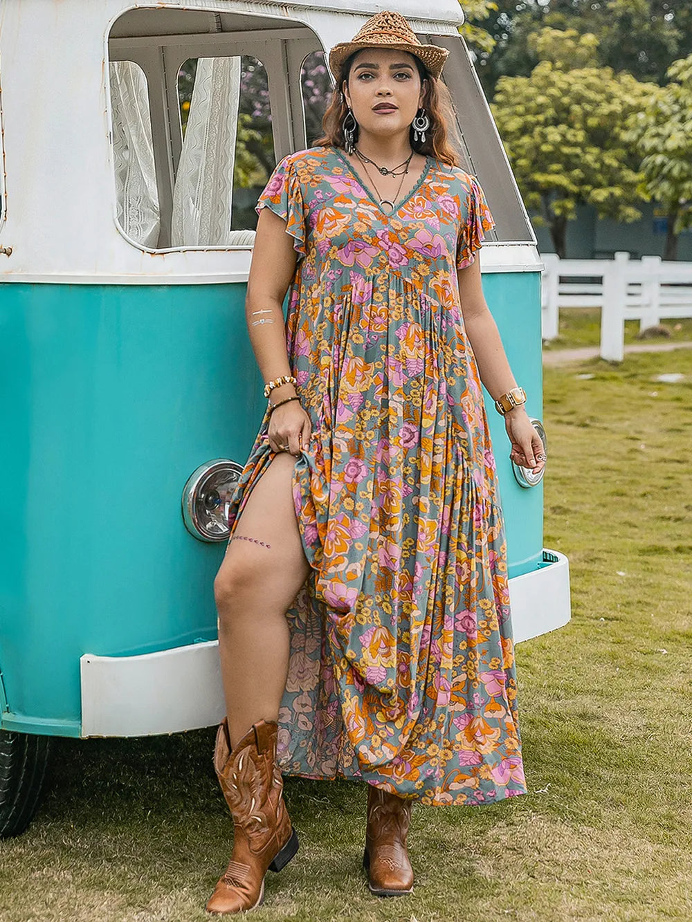 Ruffled Printed Cap Sleeve Dress