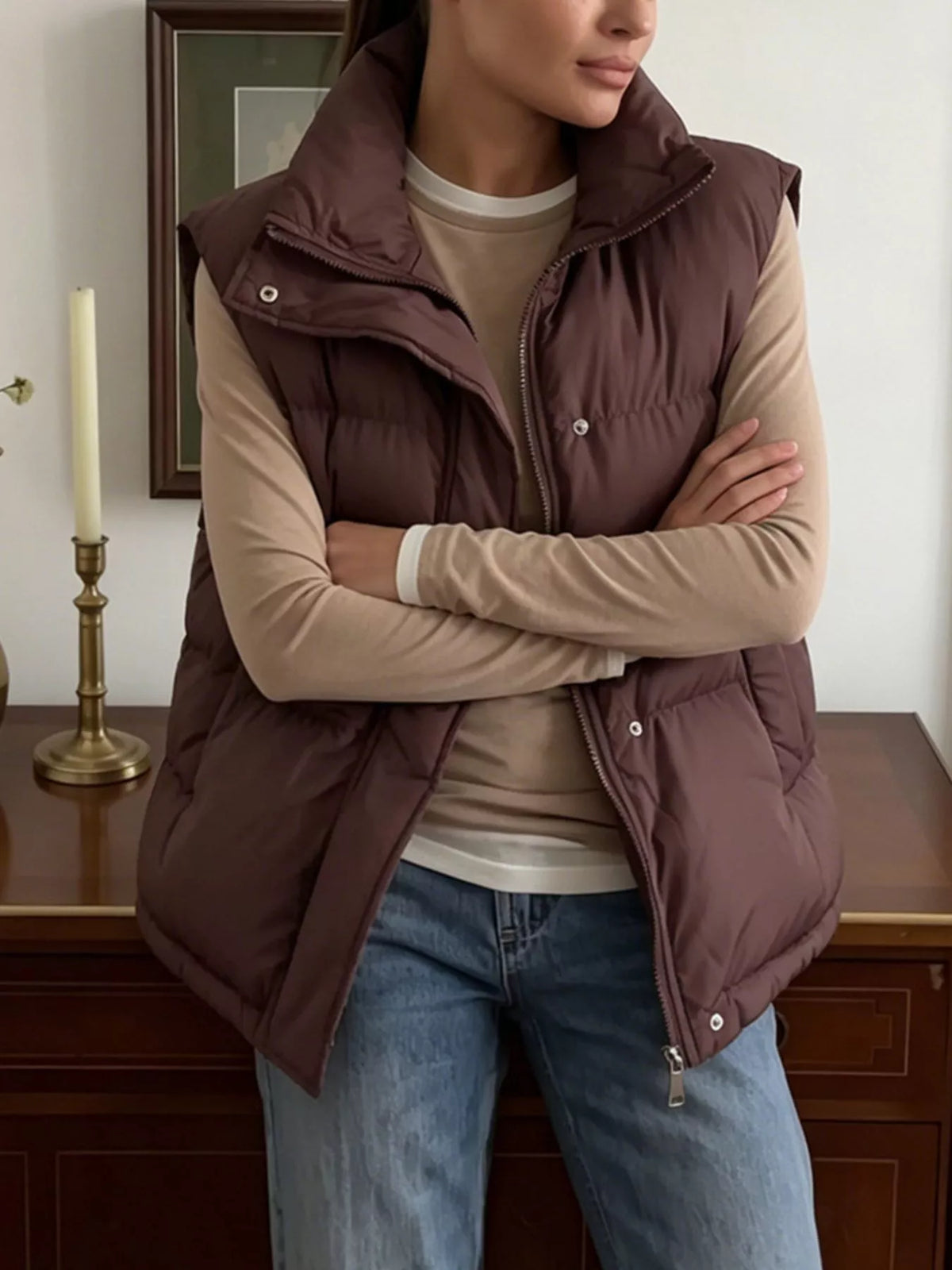 Snap-Button Placket Quilted Puffer Vest Coat